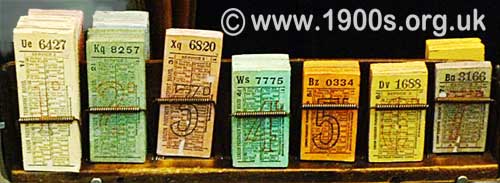 Rack of London bus tickets, just after World War Two.