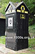 An AA telephone box common at roadsides in 1940s and 1950s Britain; menbers of the Automobile Association (AA) could use it to phone for help.