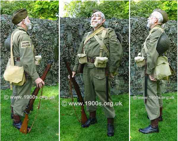 Home Guard uniform and full kit from three angles