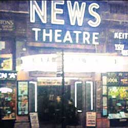 outside a cinema showing news/newsreels, mid-20th century UK