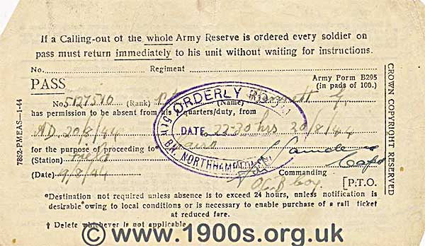 1944 army pass for being absent from quarters/duty for the purpose of travelling to Cairo