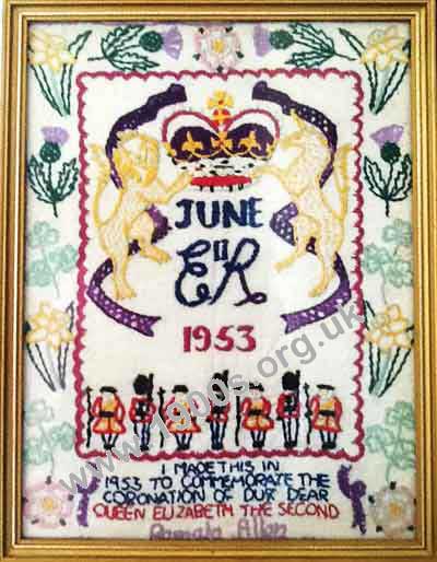 Embroidery celebrating the coronation of Queen Elizabeth I, June 1953