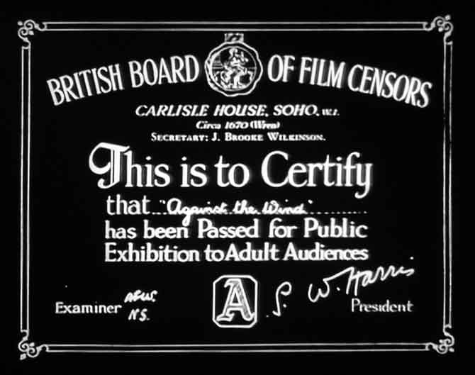 Censor certificate showing the rating certificate for a film