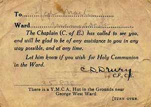 Visiting card of the chaplain of Edmonton Military Hospital, C.D. Drury, dated 25 August 1915