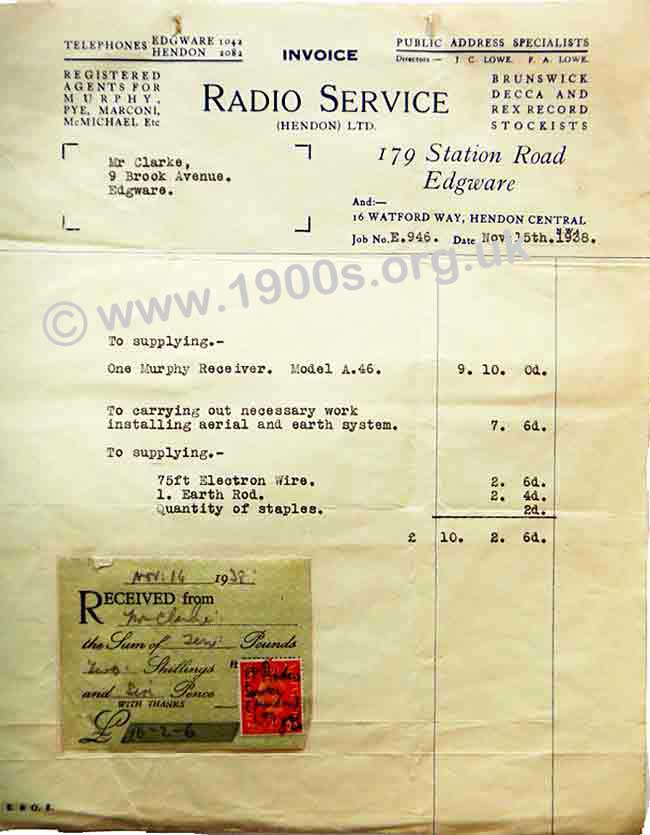 1938 receipt showing cost of a radio and its installation