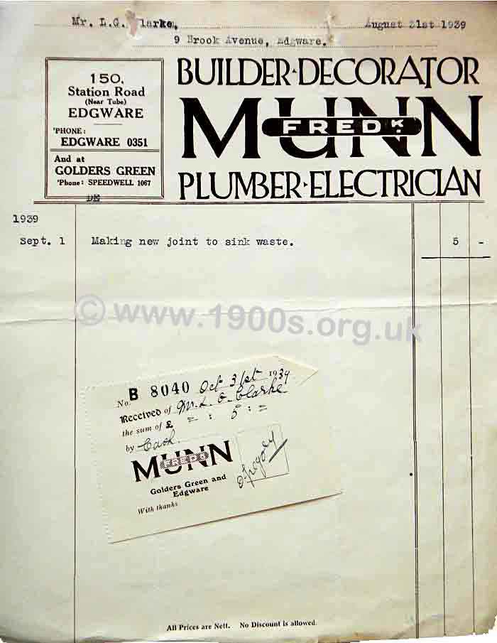1939 receipt for a plumber in north London for making a new joint for sink waste