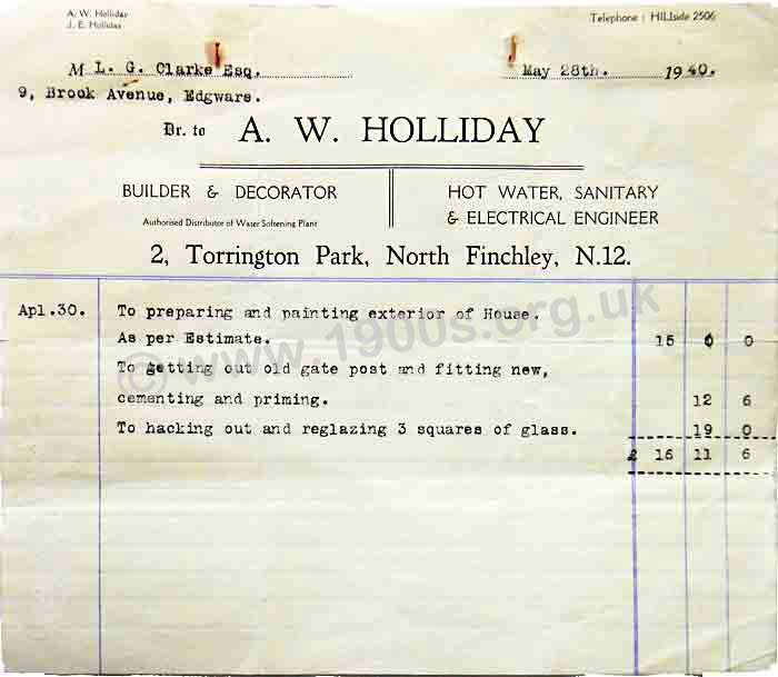 1940 bill for painting the outside of a house in north London