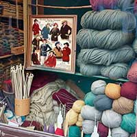 window of a wool shop showing the stock