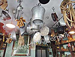 old ironmonger's ceiling, showing goods hanging for display