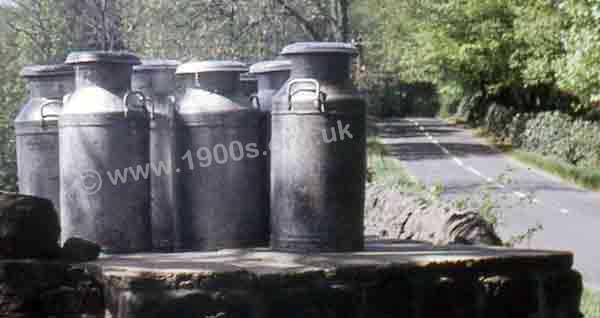 Milk churns waiting by the road-side for collection sometime in the 1970s.