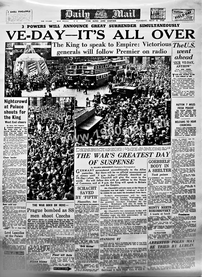 Front page newspaper announcing WW2 Victory in Europe